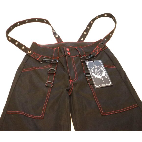 NWT Killstar Carpe Noctem Black Wide-Leg Pants Suspender Red Stitching Cyberpunk - Picture 7 of 10